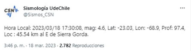  Último sismo en Chile del sábado 18 de marzo de 2023. Foto: CSN   