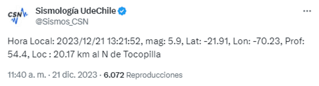 Temblor en Chile de magnitud 5.9 en Tocopilla. Foto: @Sismos_CSN/Twitter Temblor en Chile de magnitud 5.9 en Tocopilla. Foto: @Sismos_CSN/Twitter