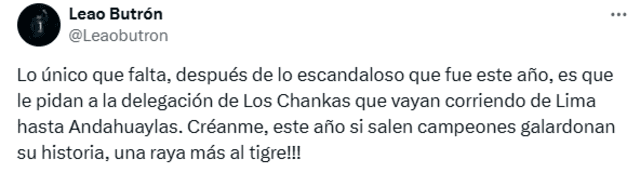  Mensaje de Leao Butrón previo al partido Universitario vs. Los Chankas. Foto: Twitter   