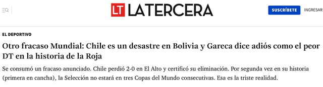 Prensa chilena tras derrota ante Bolivia por Eliminatorias. Foto: captura de La Tercera Prensa chilena tras derrota ante Bolivia por Eliminatorias. Foto: captura de La Tercera