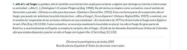 El Diccionario panhispánico de dudas (2005) admite tanto 'alto el fuego' como 'alto al fuego'. Foto: captura RAE
