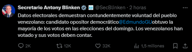  Comunicado publicado por el Secretario de Estado, Antony Blinken. Foto: captura de X   