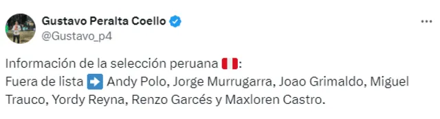 Jugadores que no estarán ante Ecuador. Foto: X/Gustavo Peralta.   
