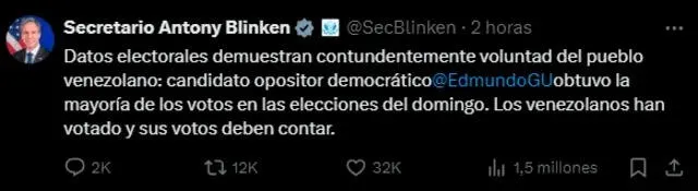  Comunicado hecho por el Secretario de Estado, Antony Blinken. Imagen: Twitter<br>  