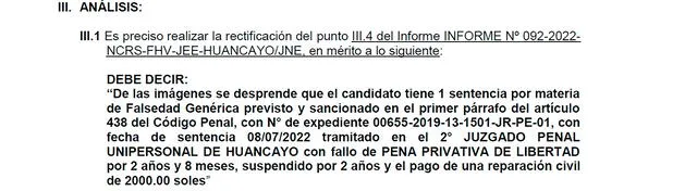 INFORME Nº 099-2022-NCRS-FHV-JEE-HUANCAYO/JNE. Foto: captura