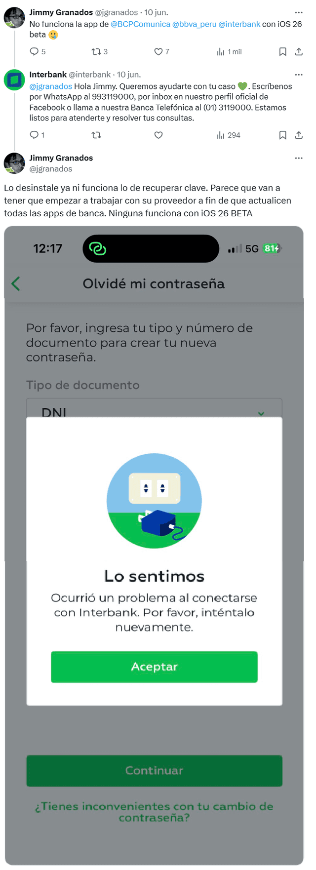 También hay problemas con la app de Interbank. Foto: captura de X/jgranados También hay problemas con la app de Interbank. Foto: captura de X/jgranados