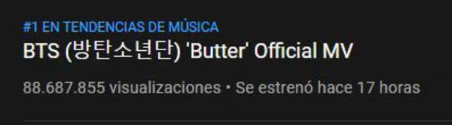 El MV "Butter" de BTS ocupó el # 1 de tendencias de música en YouTube. Foto: YouTube