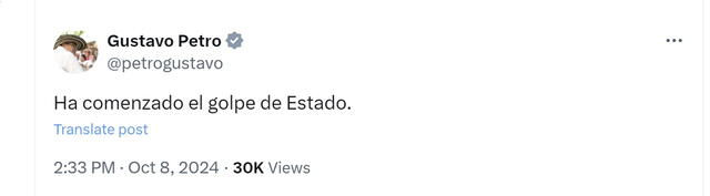 Gustavo Petro, presidente de Colombia, se expresó a través de su cuenta en X, antes Twitter. Foto: @petrogustavo/X.   