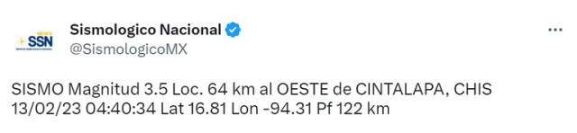  Último sismo en México hoy, 14 de febrero. Foto: Twitter/ SismologicoMX   