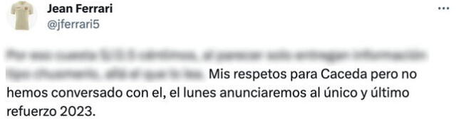  Ferrari negó que Cáceda sea un futuro refuerzo de Universitario. Foto: captura de Twitter de Jean Ferrari   