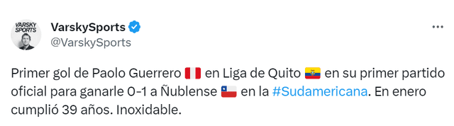 Juan Pablo Varsky y su elogio a Paolo Guerrero por su gol con LDU. Foto: Captura Twitter   