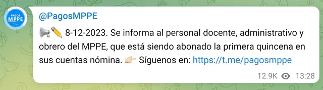 El mes pasado, la primera quincena se pagó el 8 de diciembre de 2023. Foto: Pagos MPPE/Telegram