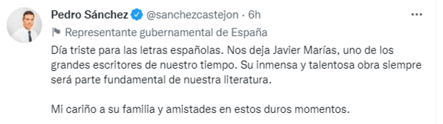Pedro Sánchez lamentó el deceso de Javier Marías. Foto: captura de Twitter