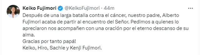 Keiko Fujimori, hija de Alberto Fujimori, confirmó la muerte de su padre. Foto: @KeikoFujimori/X.   