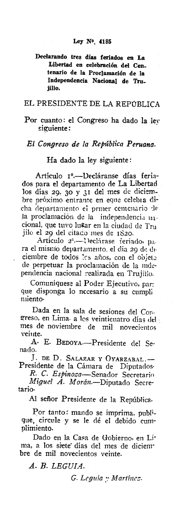 Ley promulgada en 1920. Foto: Gobierno   