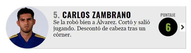 Puntaje que recibió Zambrano en el portal de diario Olé.