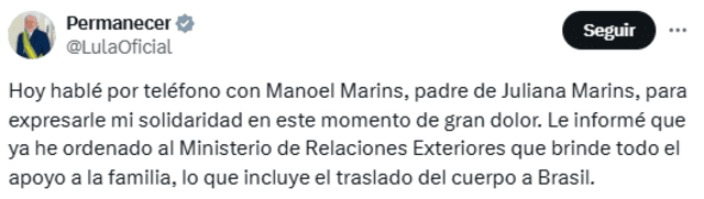 Lula da Silva ofrece todo su apoyo a la familia de Juliana Marins. Foto: @LulaOficial Lula da Silva ofrece todo su apoyo a la familia de Juliana Marins. Foto: @LulaOficial