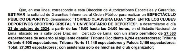  Documento que da las garantías correspondientes al Universiatrio vs Sporting Cristal. Foto: captura de documento   