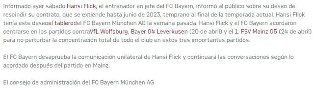 Bayern Múnich emitió comunicado tras declaraciones de Hansi Flick.