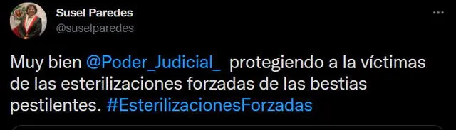 Susel Paredes saluda decisión del Poder Judicial en favor de proteger a las víctimas de las esterilizaciones forzadas. Foto: captura de Twitter