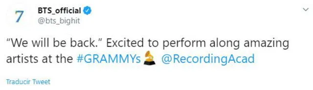 BTS confirma presencia en los Grammy