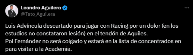  Tuit del periodista Leandro Aguilera sobre lesión de Luis Advíncula. Foto: captura de X/Leandro Aguilera   