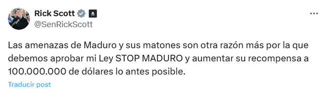 Propuesta de Rick Scott contra Nicolás Maduro. Fuente: X Propuesta de Rick Scott contra Nicolás Maduro. Fuente: X