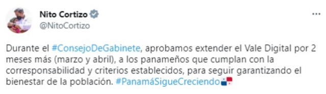 El presidente de Panamá extendió el vale digital por dos meses. Foto: @nitocortizo/ Twitter   