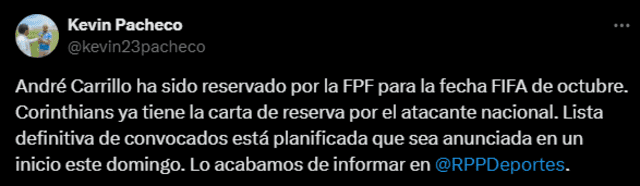  La lista de convocados saldría e domingo 29 de septiembre. Foto: captura de X/Kevin Pacheco   