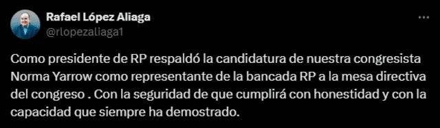  RLA confirmó su respaldo a Norma Yarrow para la Mesa Directiva. | Foto: Twitter.   