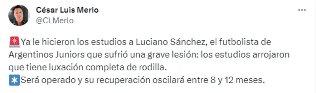 Publicación de Merlo sobre la lesión de Luciano Sánchez. Foto: Twitter   