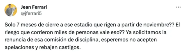 Jean Ferrari sobre la sanción a Alianza Lima. Foto: captura de 'X'   