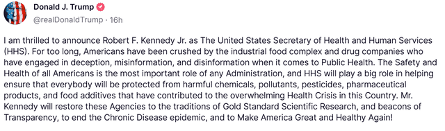 Mensaje de Trump designando a Kennedy Jr. como secretario de Salud. Foto: Truth Social.    