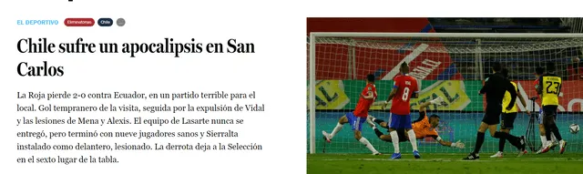 La reacción del diario La Tercera de Chile tras la derrota ante Ecuador. Foto: captura web