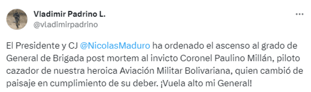 Se espera más información sobre la ceremonia de condecoración. Foto: Vladimir Padrino/Twitter