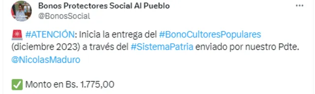 Bono Cultores Populares diciembre 2023: ¿cómo obtener este subsidio a través del Sistema Patria? | bono cultores populares 2023 | bono Patria | ultimo bono entregado por Maduro HOY | qué bono llega HOY | sistema patria | último bono de diciembre