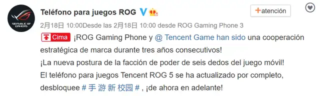 Anuncio de la cooperación entre ROG y Tencent Game Foto: Weibo / ROG Gaming Phone Anuncio de la cooperación entre ROG y Tencent Game Foto: Weibo / ROG Gaming Phone