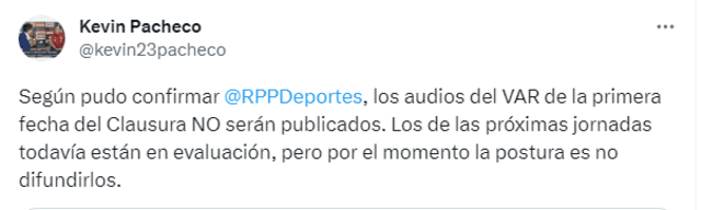 Tuit donde Pacheco confirma que los audios de la primera fecha no serán difundidos. Foto: captura Twitter   