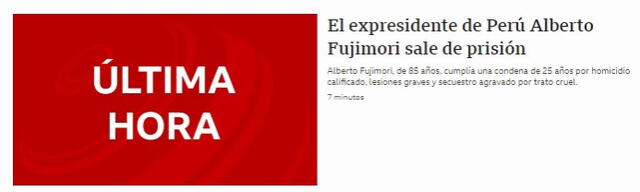  Así informó BBC sobre la liberación de Alberto Fujimori. Foto: BBC   