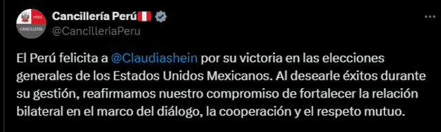 Cancillería se pronuncia tras la victoria de Claudia Sheinbaum en México. Foto: captura X   