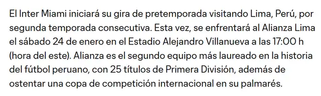 Confirmación de Inter Miami sobre el partido contra Alianza Lima. Foto: web Inter Miami.   