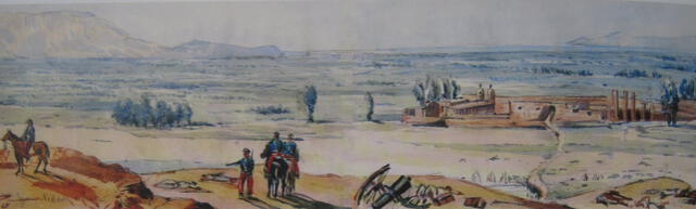 La línea peruana de San Juan después de la batalla. Fuente: Acuarela de Rudolph de Lisle   
