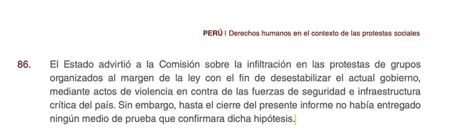 Punto 86 del informe final de la CIDH. Foto: captura de pantalla/CIDH   
