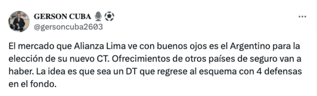 Información sobre las condiciones de Alianza Lima para definir a su nuevo entrenador. Foto: Twitter/Gerson Cuba   