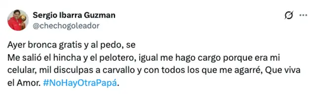 Mensaje del 'Checho' Ibarra tras fuertes palabras contra José Carvallo. Foto: Twitter   