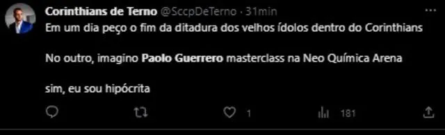  Tuit de hincha de Corinthians sobre Paolo Guerrero. Foto: captura de Twitter   