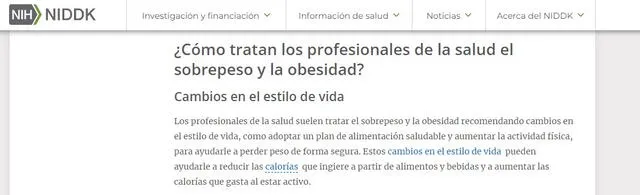  Información sobre el tratamiento del sobrepeso y la obesidad. Foto: captura en web / Instituto Nacional de Diabetes y Enfermedades Digestivas y Renales.    