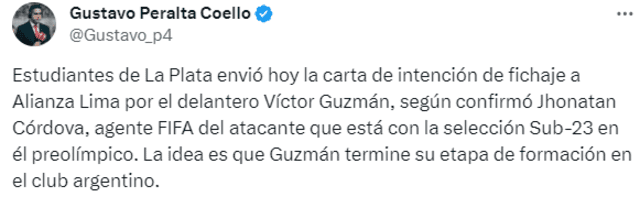 Víctor Guzmán podría recalar en Estudiantes. Foto: X/Gustavo Peralta   
