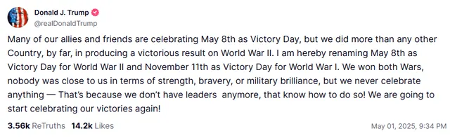 Donald Trump renames Veterans Day and V-E Day. Photo: Donald Trump's Truth Social post Donald Trump renames Veterans Day and V-E Day. Photo: Donald Trump's Truth Social post