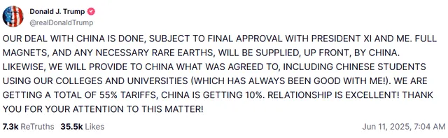 Trump announced the China - U.S. deal. Photo: @realDonaldTrump/ Truth Social Trump announced the China - U.S. deal. Photo: @realDonaldTrump/ Truth Social